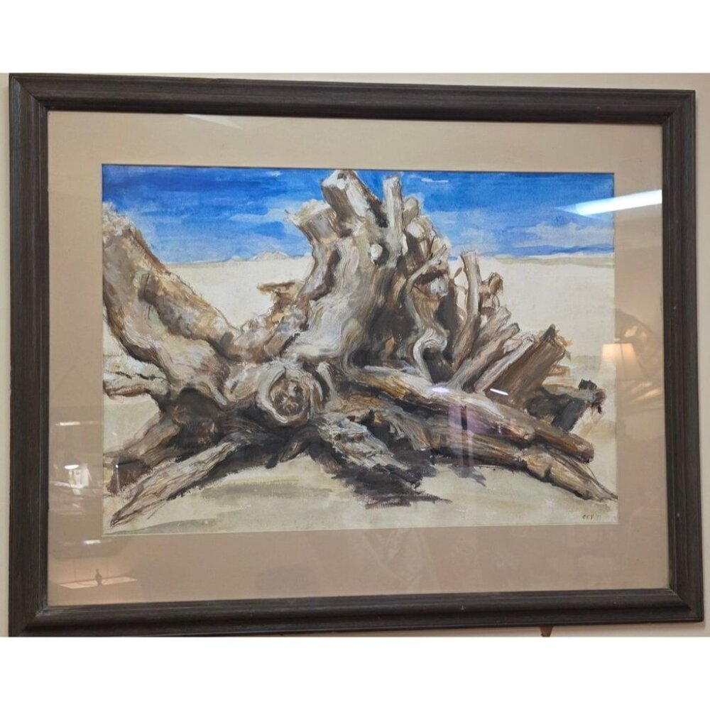 Painting Watercolor Framed Driftwood By CEV 77 Nautical Ocean Beach 39" X 31"
